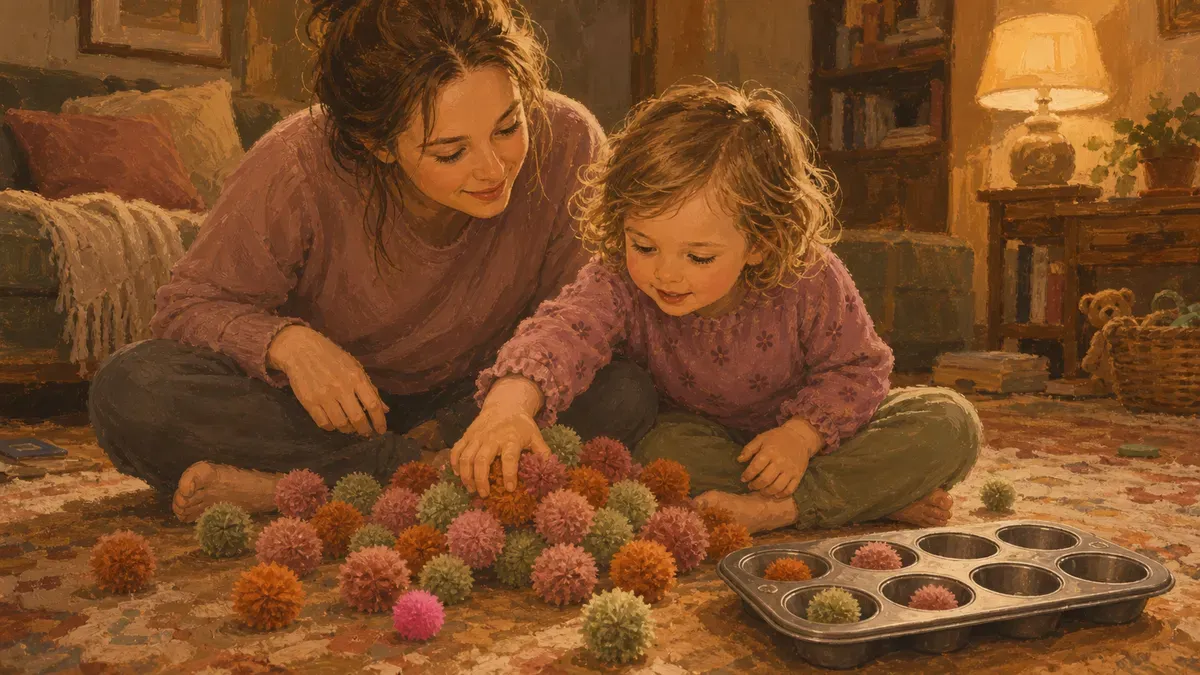 Parent and child playing with pom poms on the floor together