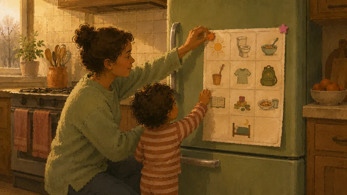 Parent and child re-hanging a full routine chart on the fridge after the holidays