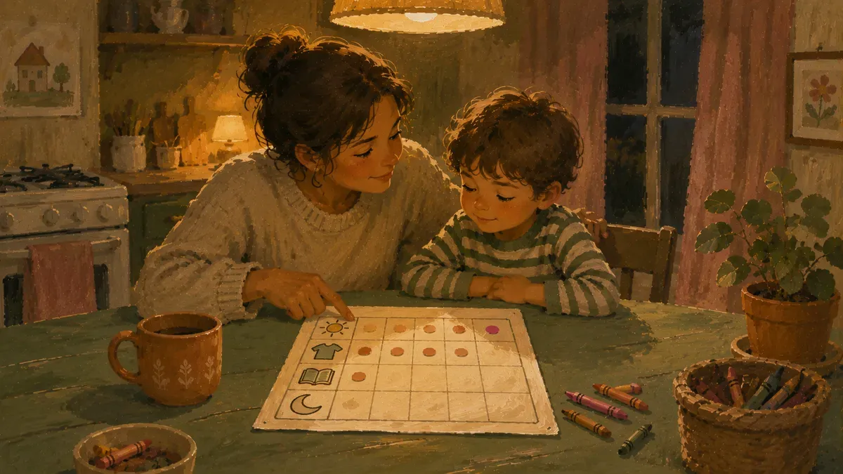 Parent and child reviewing a behavior chart together at a kitchen table