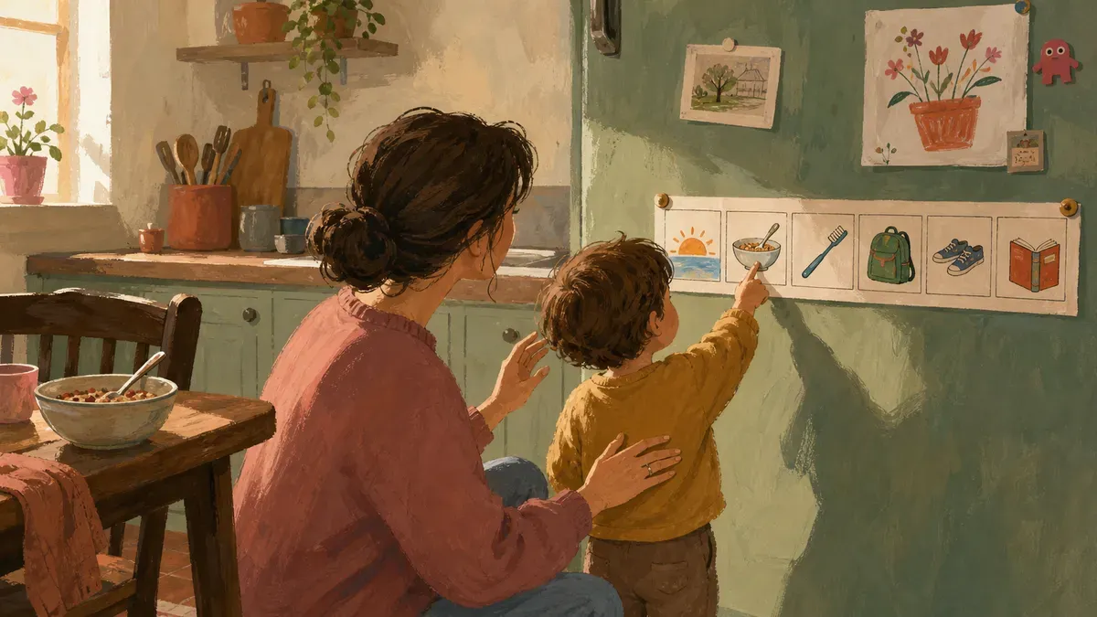 Parent and child reviewing the routine chart together in the morning