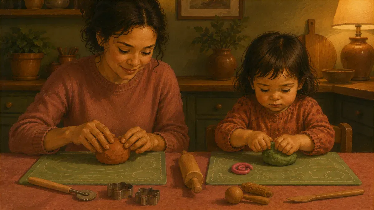Parent and child sitting side by side at a kitchen table using colorful playdough mats and rolling tools