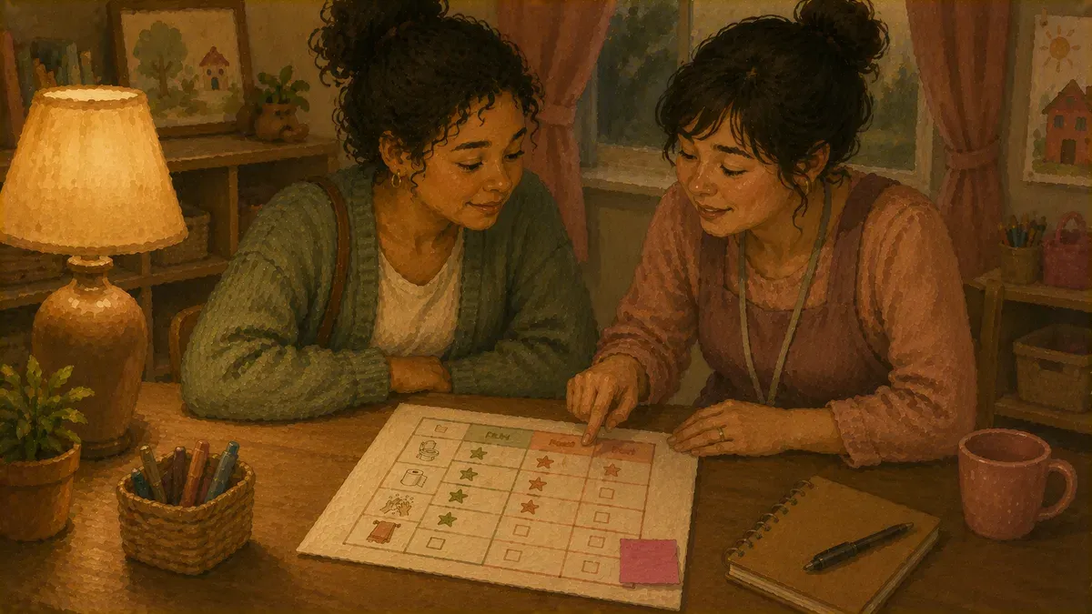 Parent and daycare teacher reviewing a child's potty chart together
