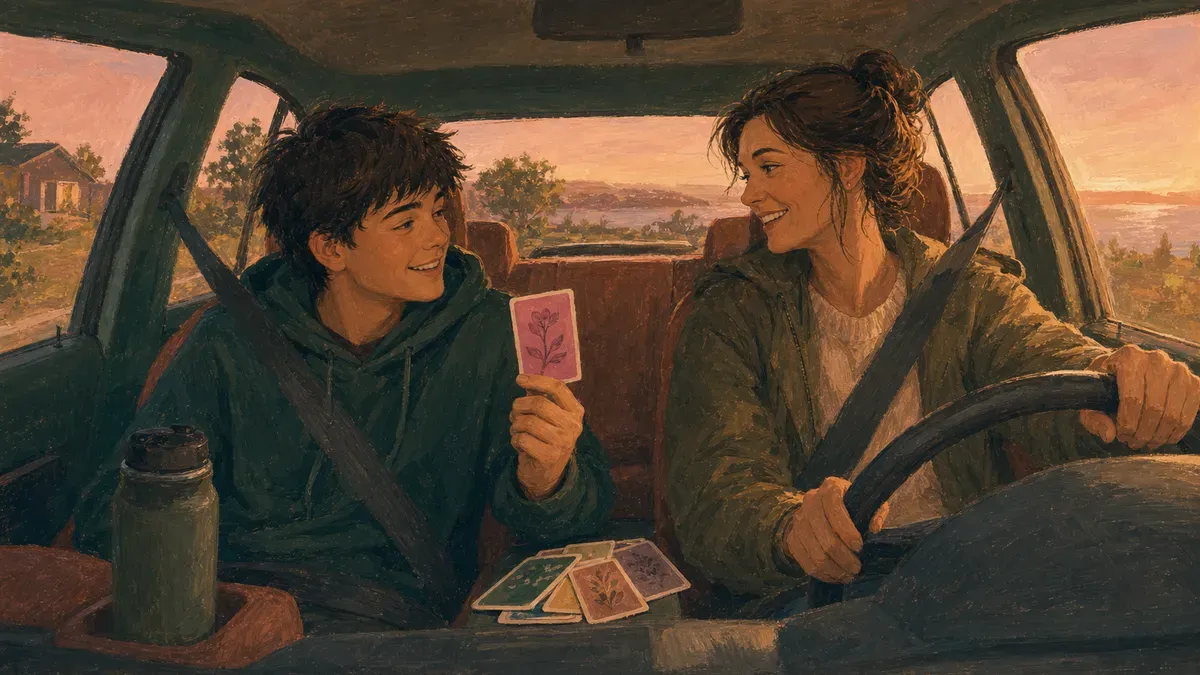 Parent and teen laughing over a conversation card during a car ride