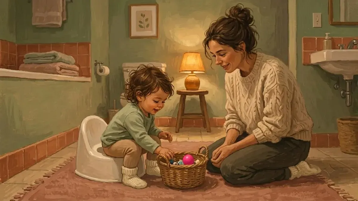 Parent and toddler choosing rewards together from a small basket next to a potty chair