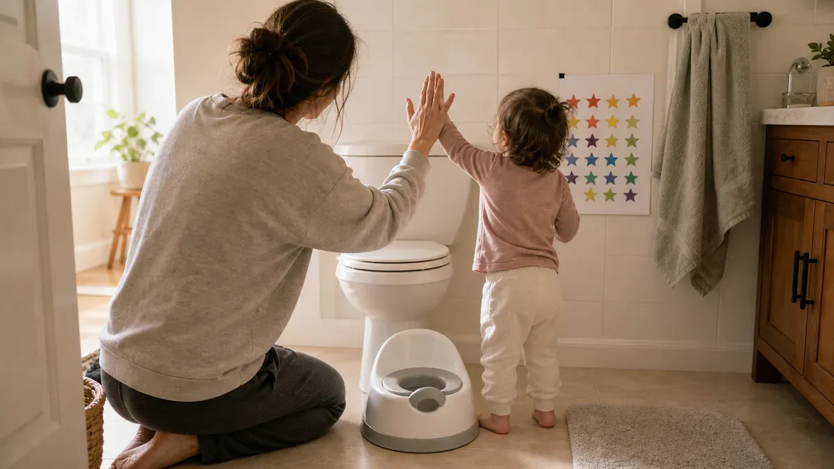 Parent and toddler high-fiving by the toilet, sticker chart on the wall