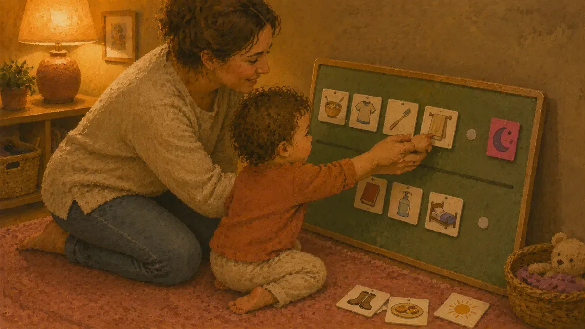 Parent and toddler placing picture cards on a Velcro visual schedule board