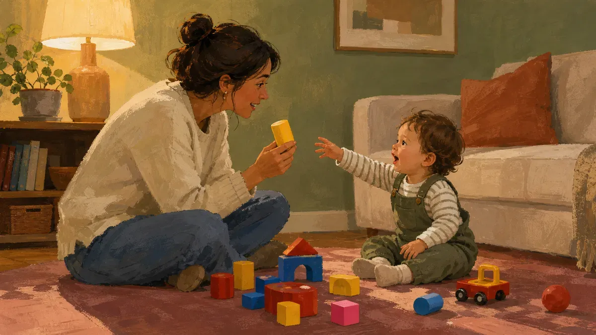 Parent and toddler playing a colour naming game on the floor