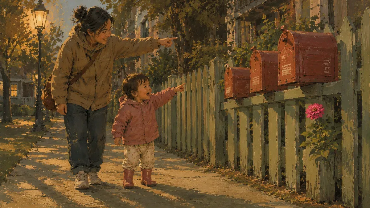 Parent and toddler pointing at red objects on a walk outside