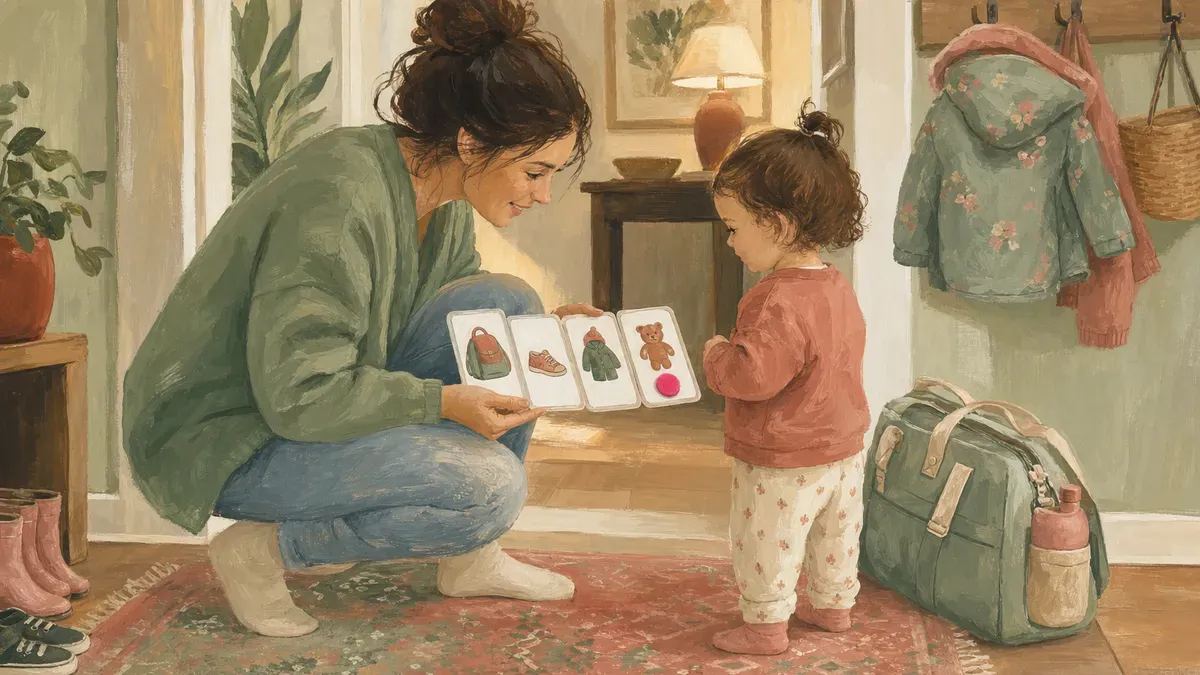 Parent and toddler reviewing a routine chart before leaving for daycare