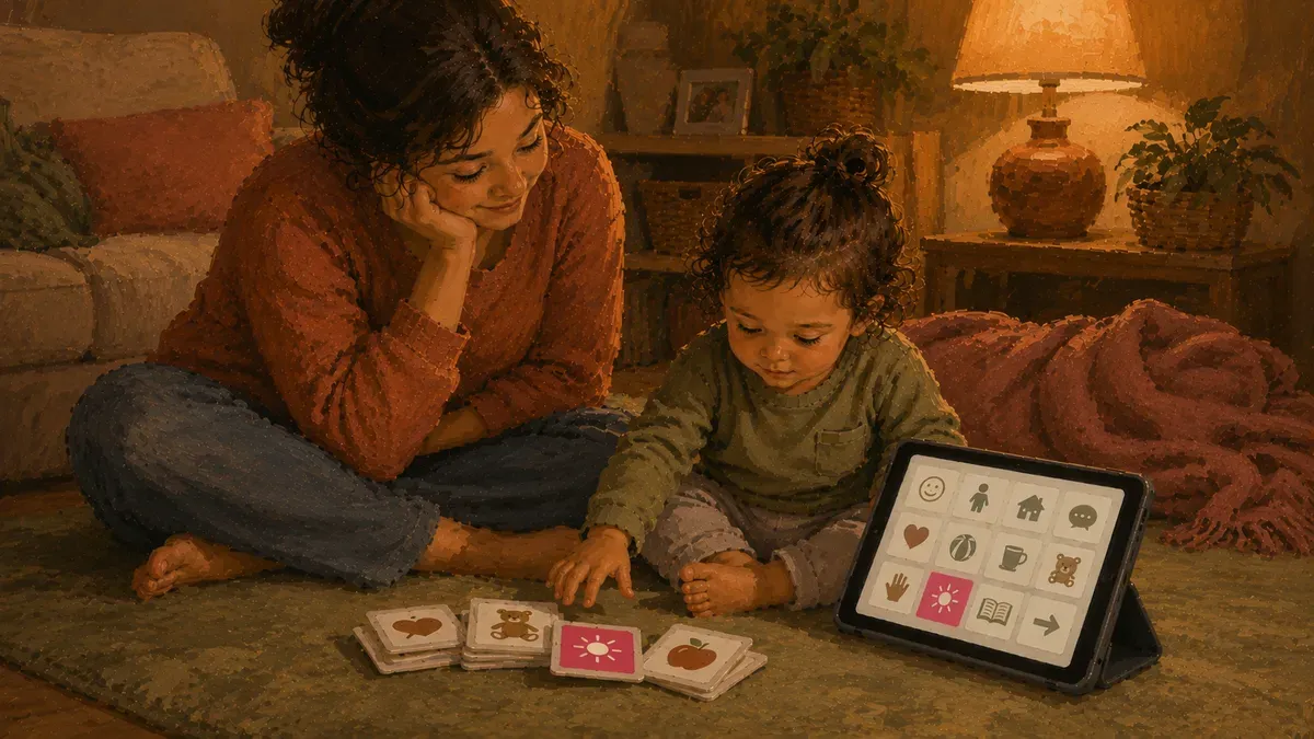 Parent and toddler sitting together choosing between printed cards and a tablet