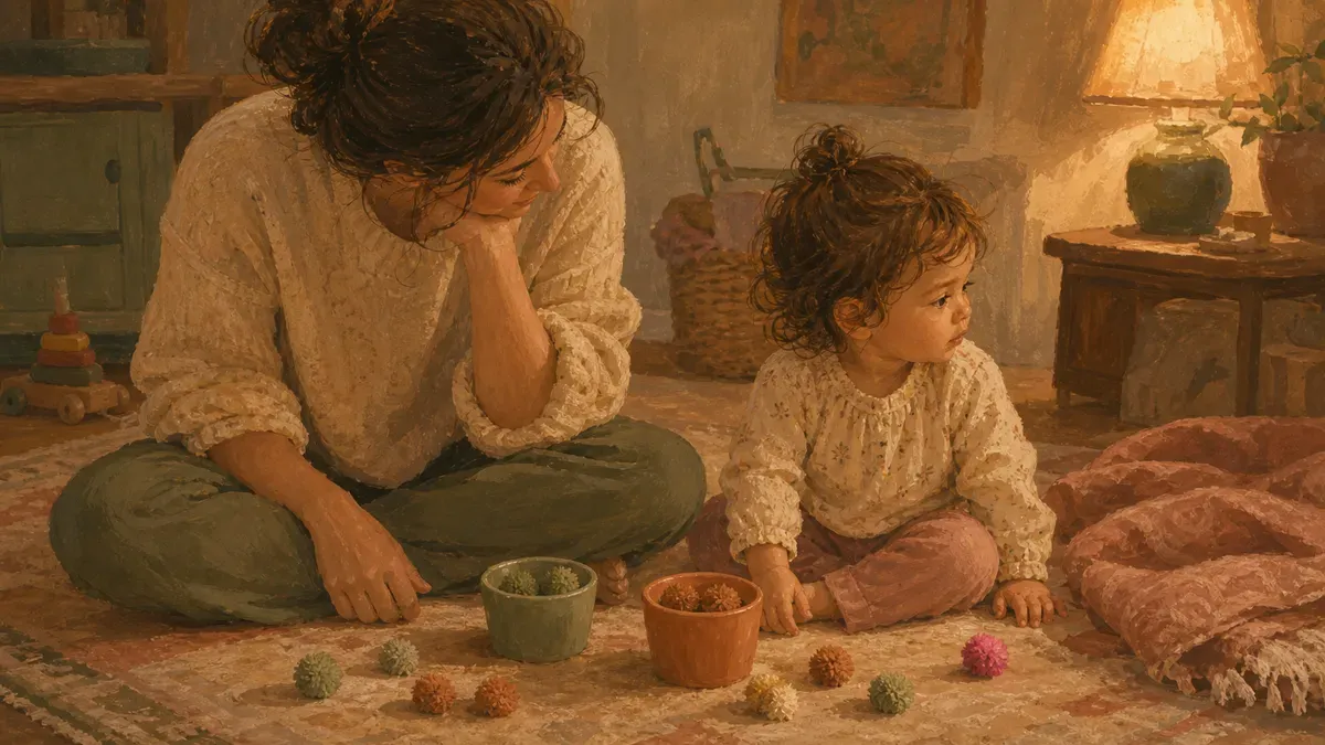 Parent and toddler sitting together with colored pom poms, toddler looking away