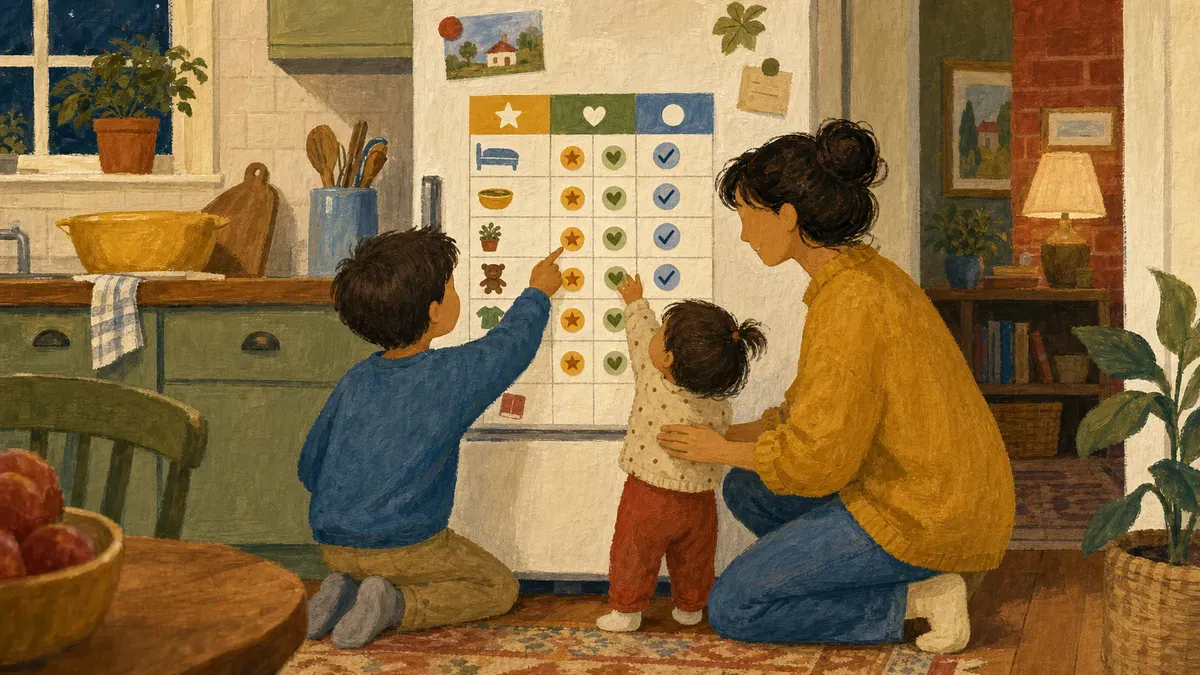 Parent and two kids reviewing the completed chore chart together at the end of the week