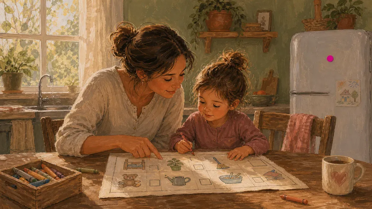Parent and young child filling out a kitchen allowance chore chart together