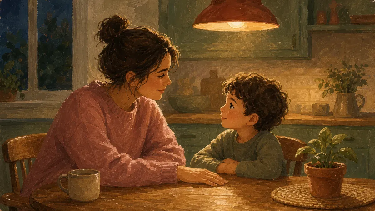 Parent and young child talking about feelings at the kitchen table