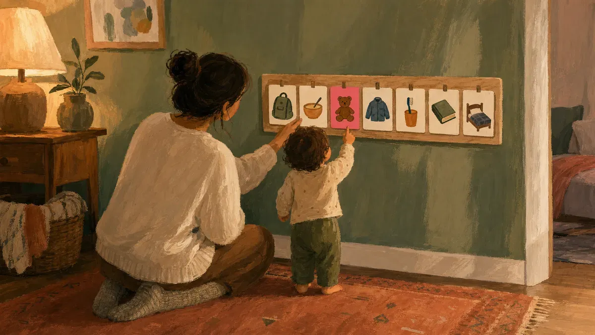 Parent calmly pointing to a visual schedule with a hesitant toddler beside the board