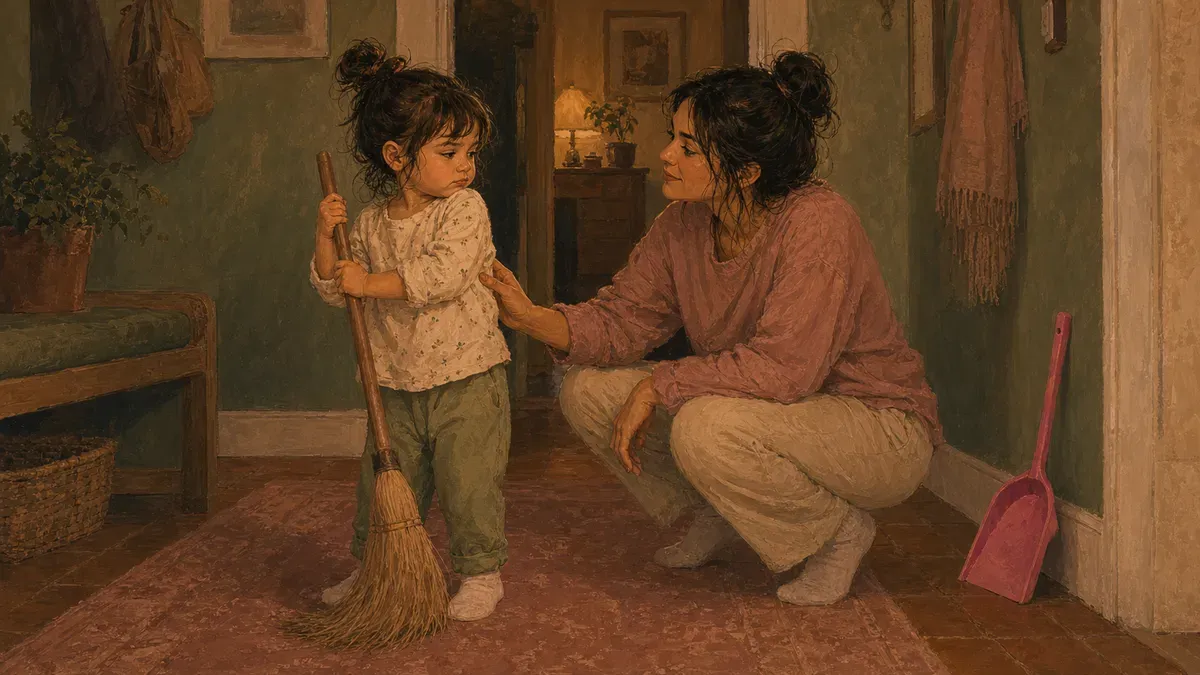 Parent calmly talking with a reluctant child holding a broom