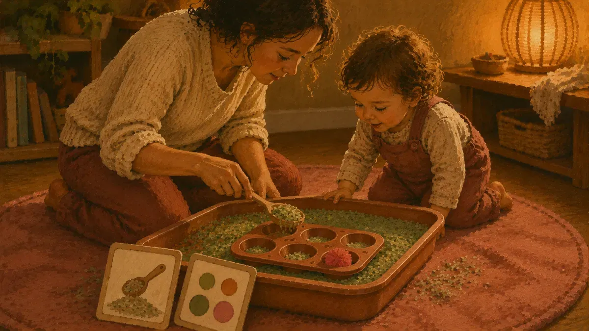 Parent demonstrating a scooping task with task cards beside a toddler sensory bin