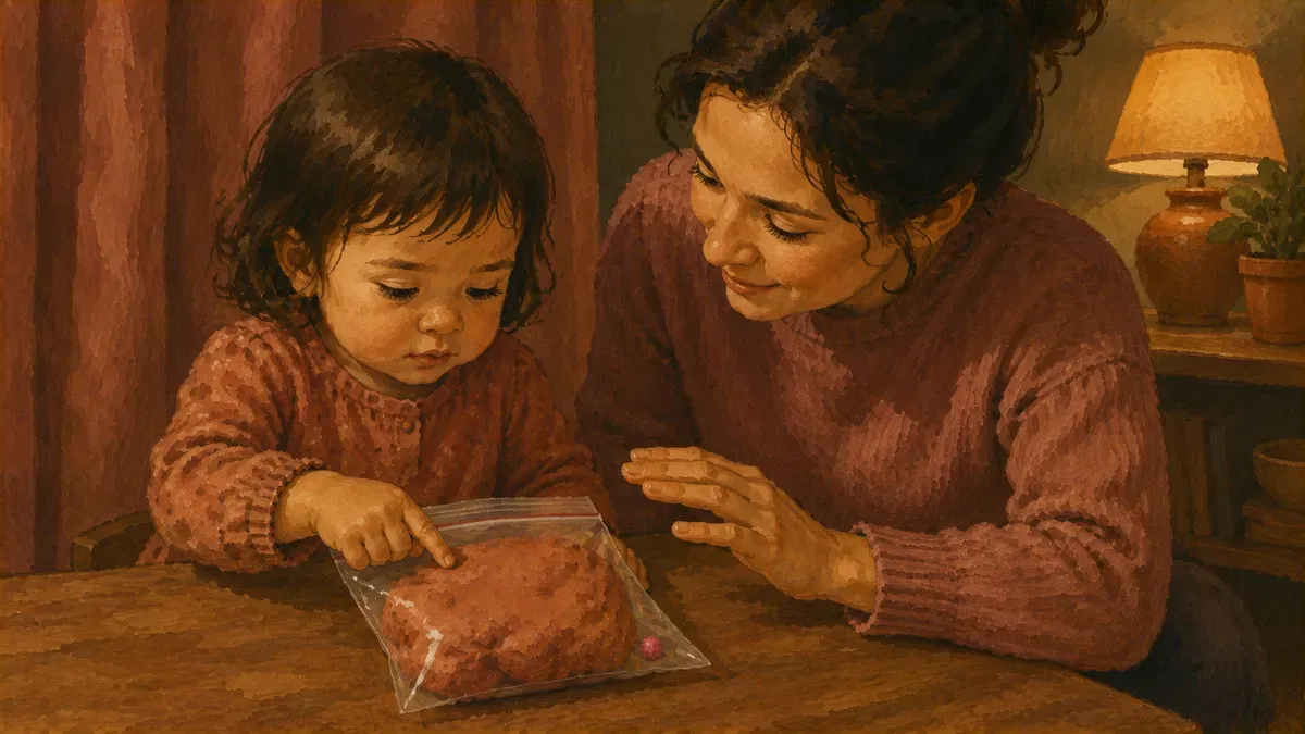 Parent gently guiding a hesitant child to touch playdough through a plastic bag
