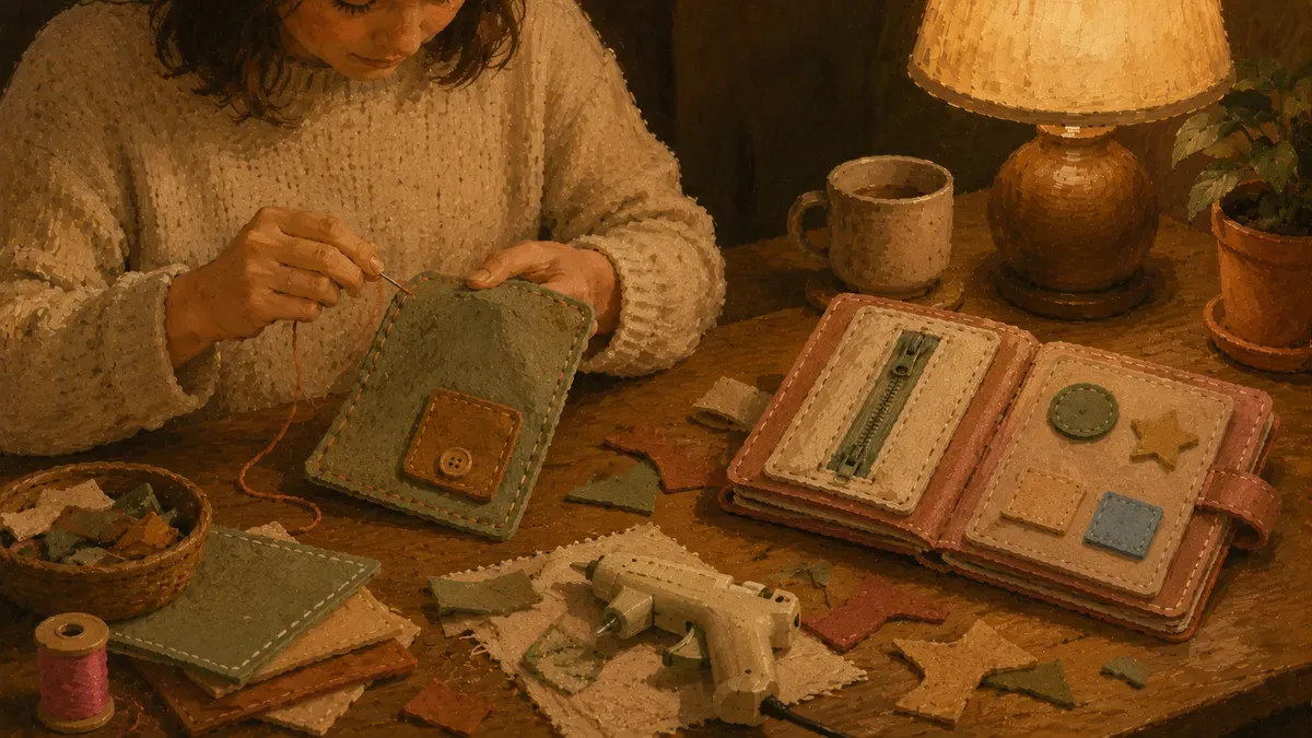 Parent hand-sewing a felt quiet book page next to a store-bought busy book
