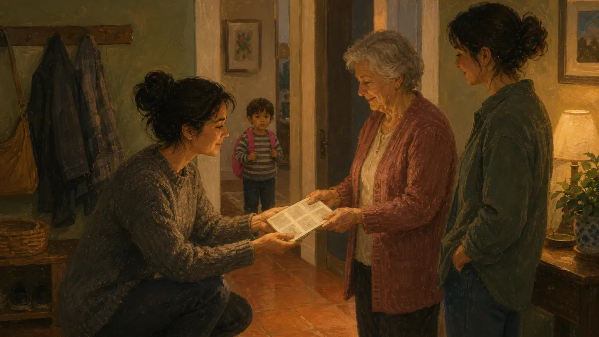 Parent handing a printed social story to a grandparent and a babysitter while child watches