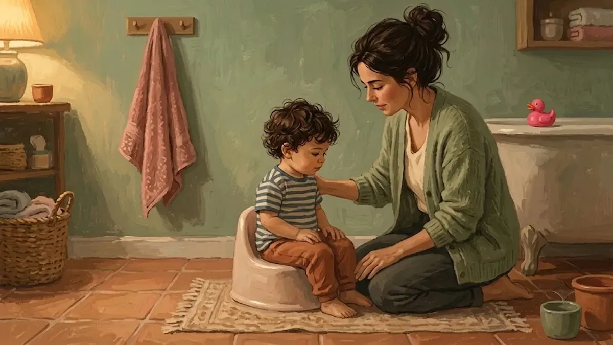 Parent helping toddler boy sit on a potty chair during training