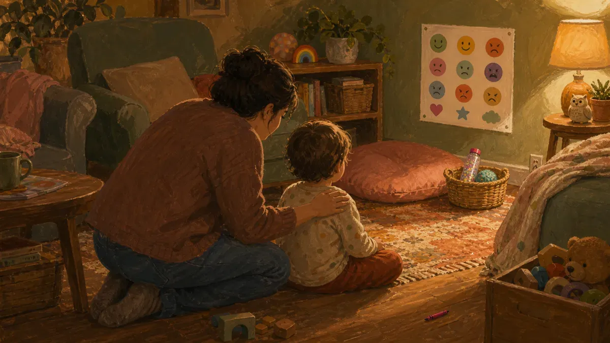 Parent kneeling at a child's level offering calm co-regulation during a meltdown