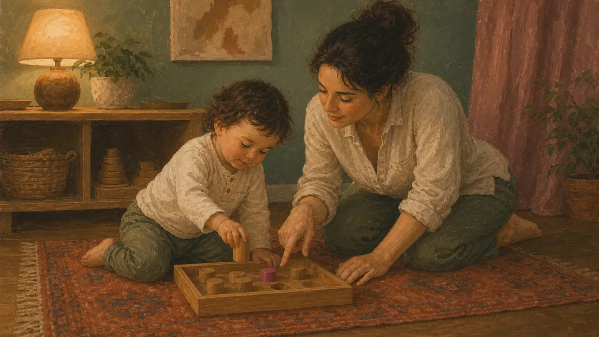 Parent kneeling at eye level guiding a child during an activity