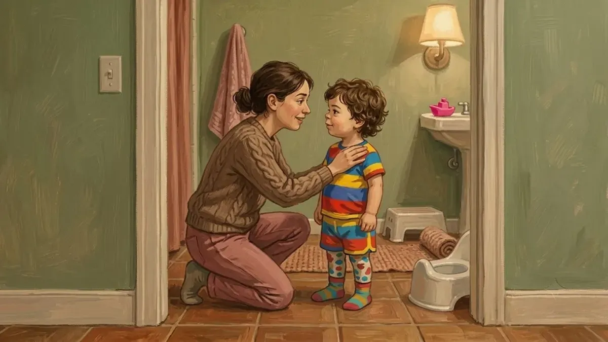 Parent kneeling at eye level talking calmly with a toddler near the bathroom