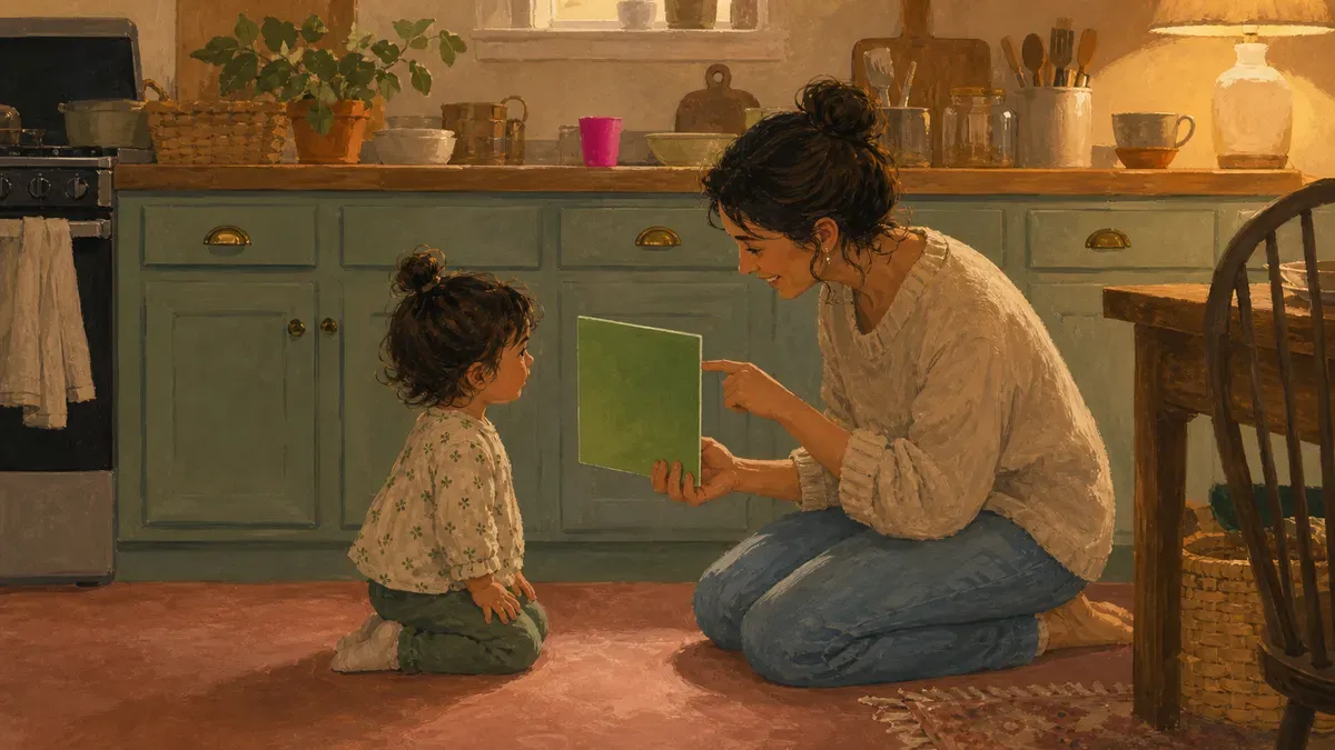 Parent kneeling at eye level with a toddler, pointing to a green feelings card during a calm moment