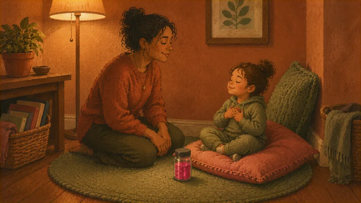 Parent kneeling beside a child near a calm down corner, modeling slow breathing