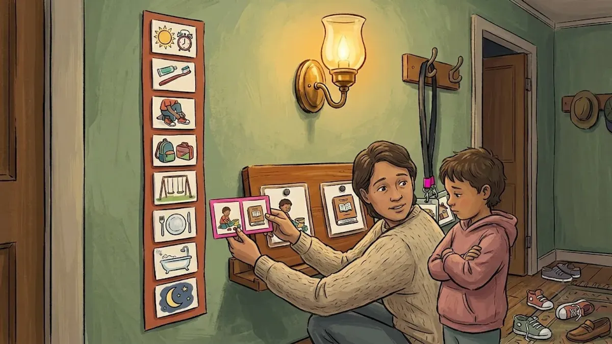 Parent kneeling beside a child to add a choice card to a resisted schedule