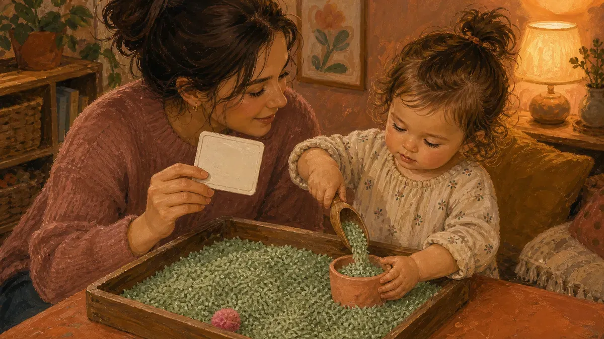 Parent kneeling beside a toddler at a sensory table, holding a task card while the child scoops rice into a cup
