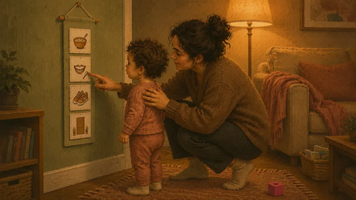 Parent kneeling beside a toddler gently pointing to the next card on the board