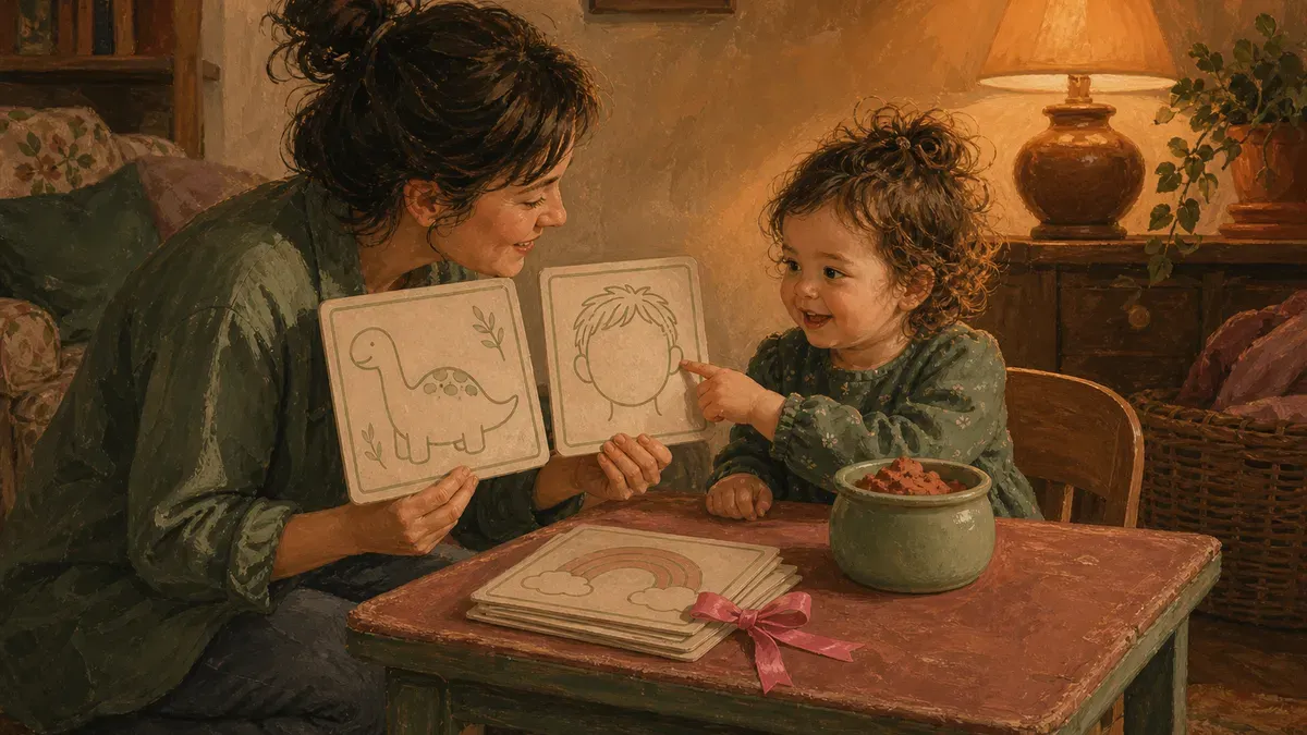 Parent matching a play dough mat theme to a toddler's interests at a low table