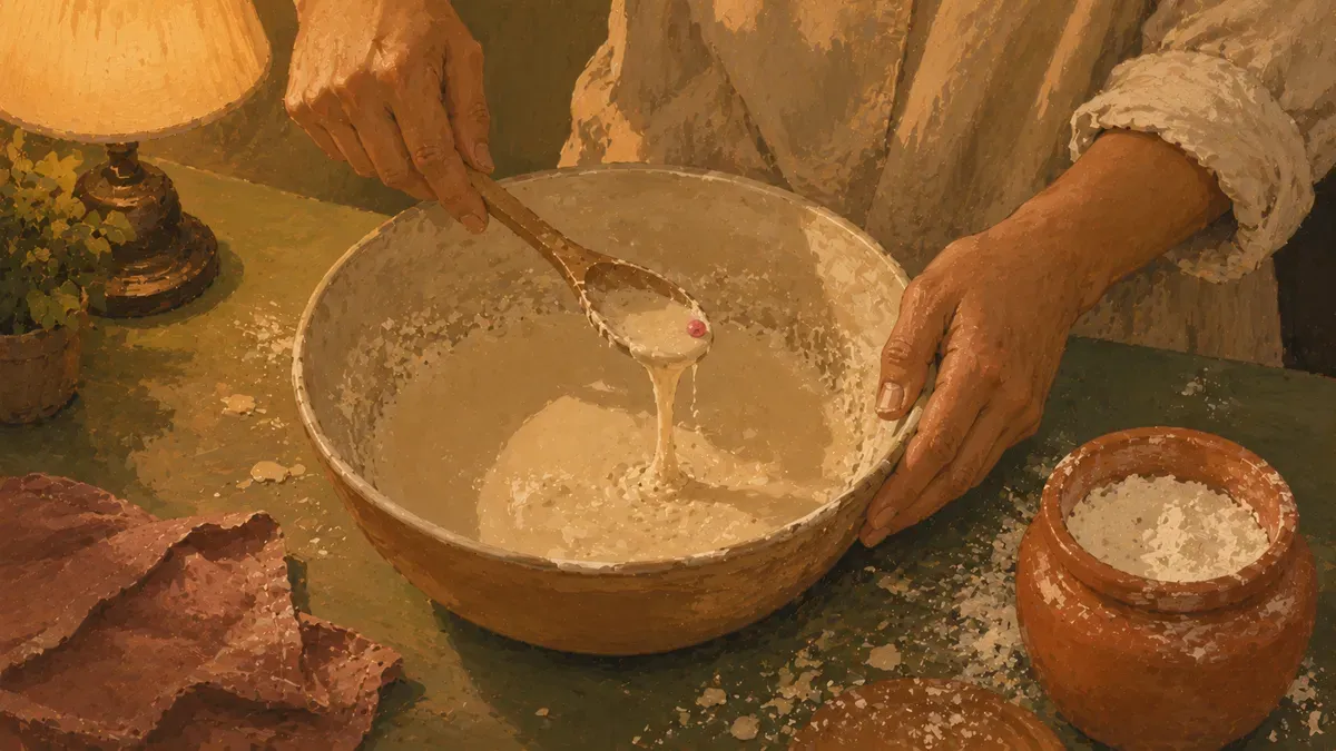 Parent mixing cornstarch and water to make taste safe oobleck in a mixing bowl