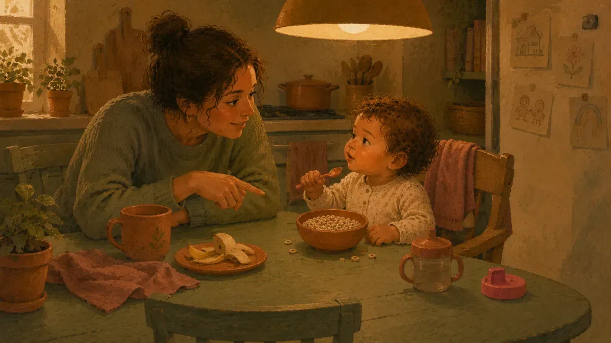 Parent narrating breakfast routine with toddler at kitchen table