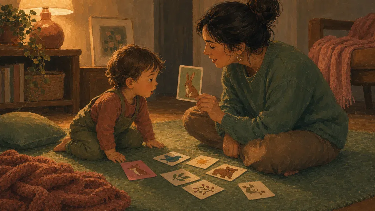 Parent narrating card game play to toddler using one-word modeling