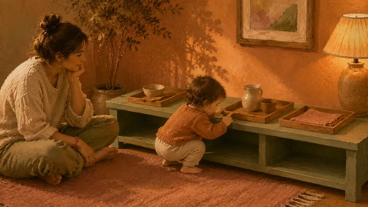 Parent quietly observing from a distance while a toddler ignores then explores a shelf activity