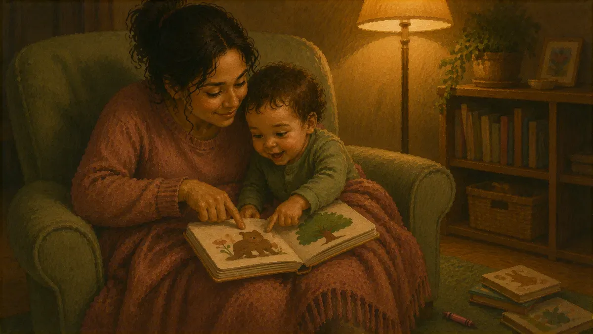 Parent reading a picture book aloud with a toddler, pointing at the pages