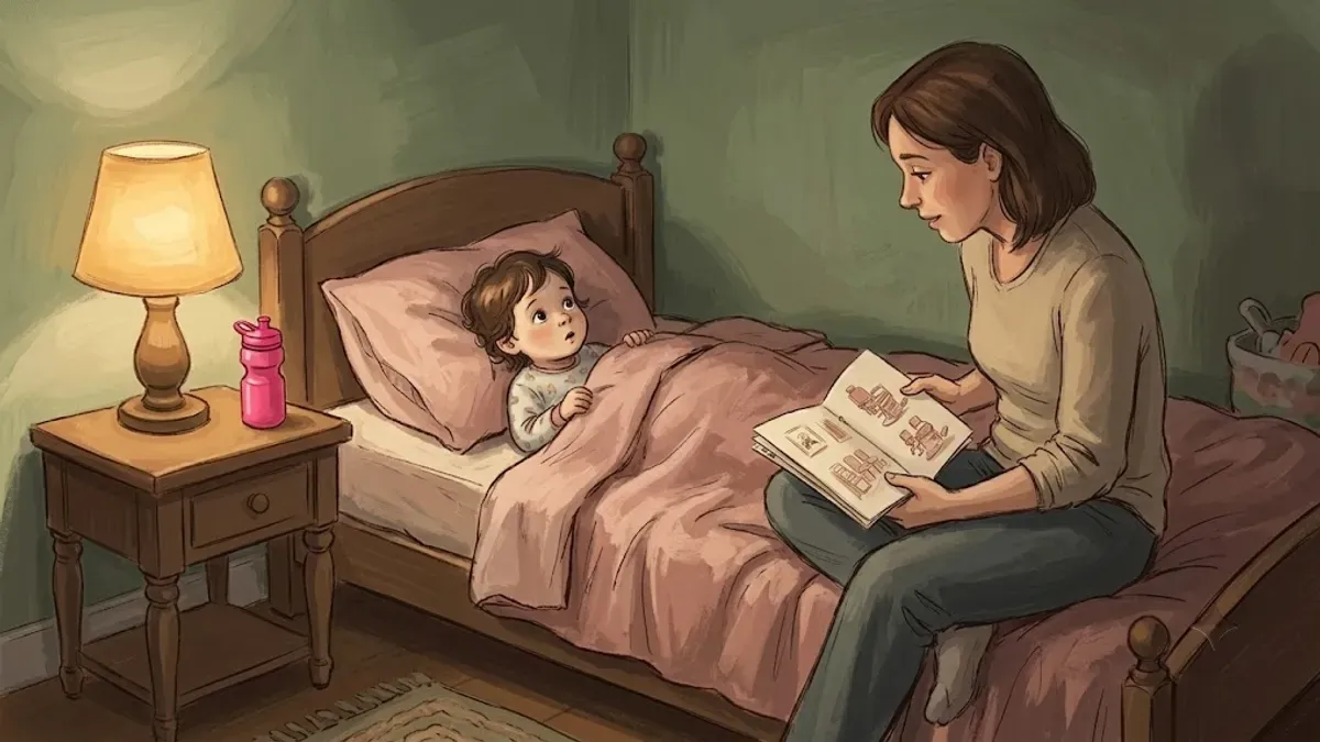 Parent reading a social story aloud with a child at bedtime