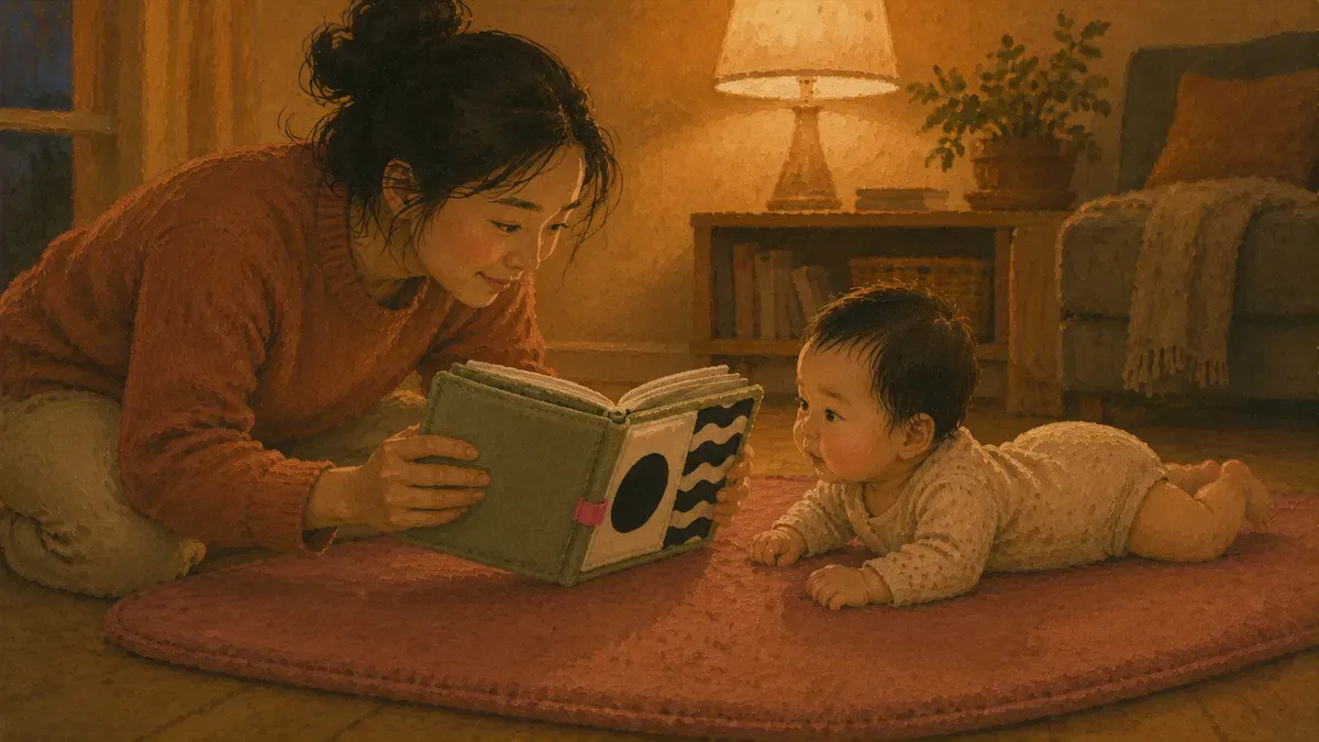 Parent showing a soft busy book to a baby during tummy time on a play mat