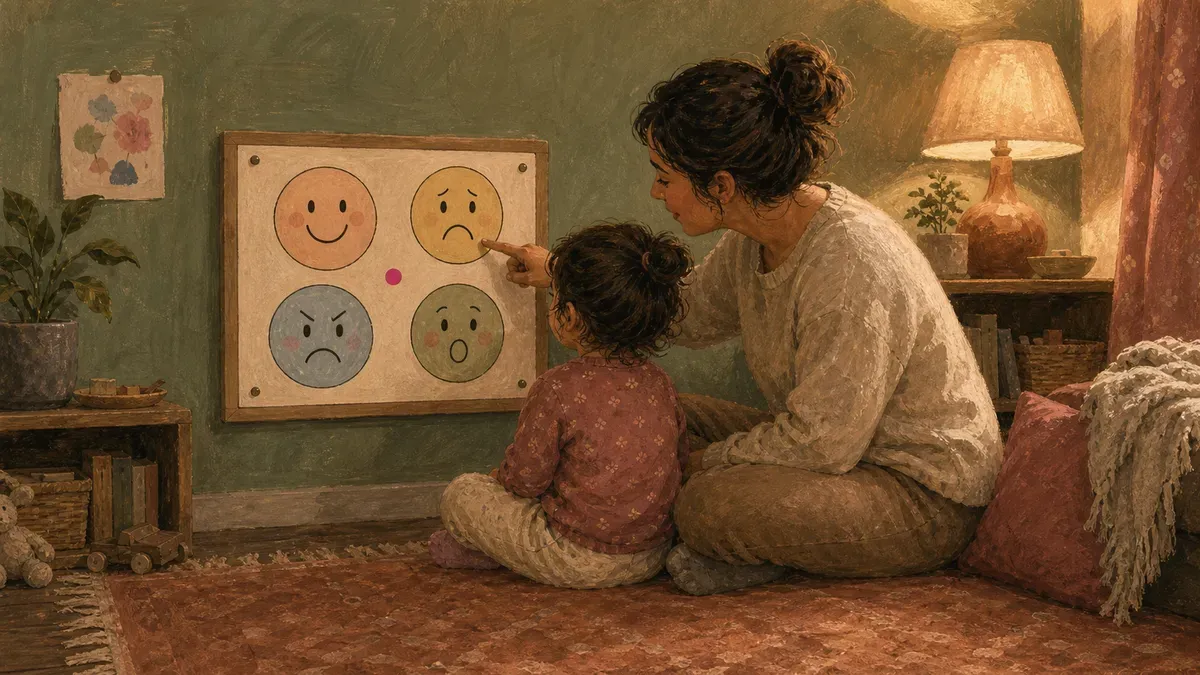 Parent sitting on the floor next to a toddler, pointing at a picture board mounted at child eye level
