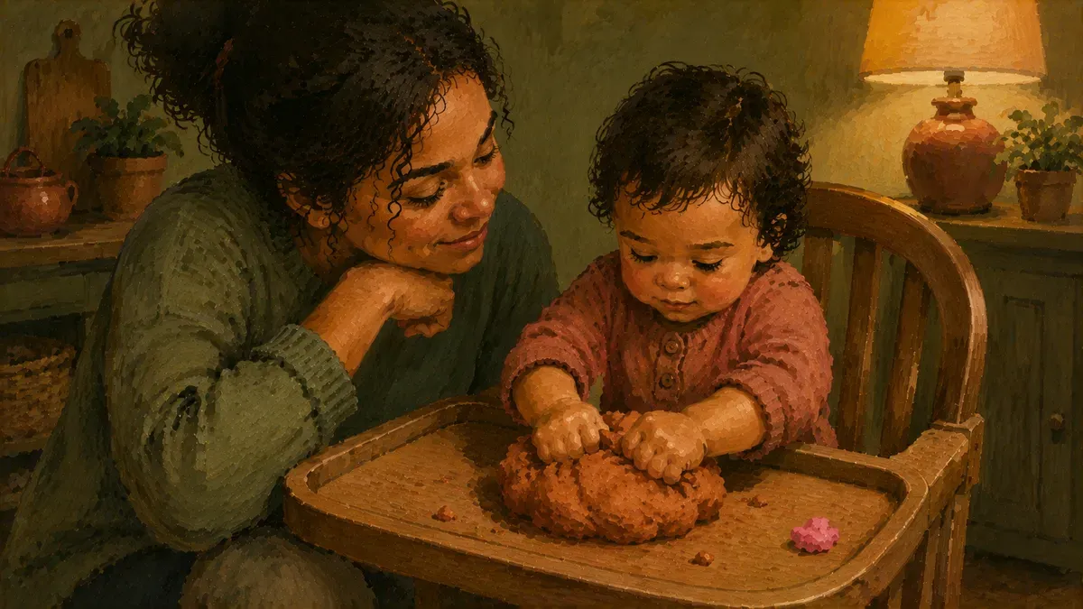 Parent watching a 2-year-old squish a ball of taste-safe playdough at a high chair tray
