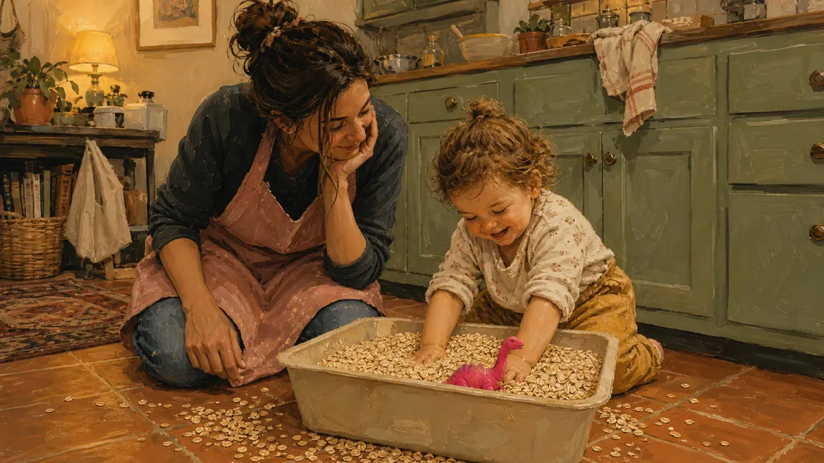 Parent watching a toddler explore a taste-safe sensory bin