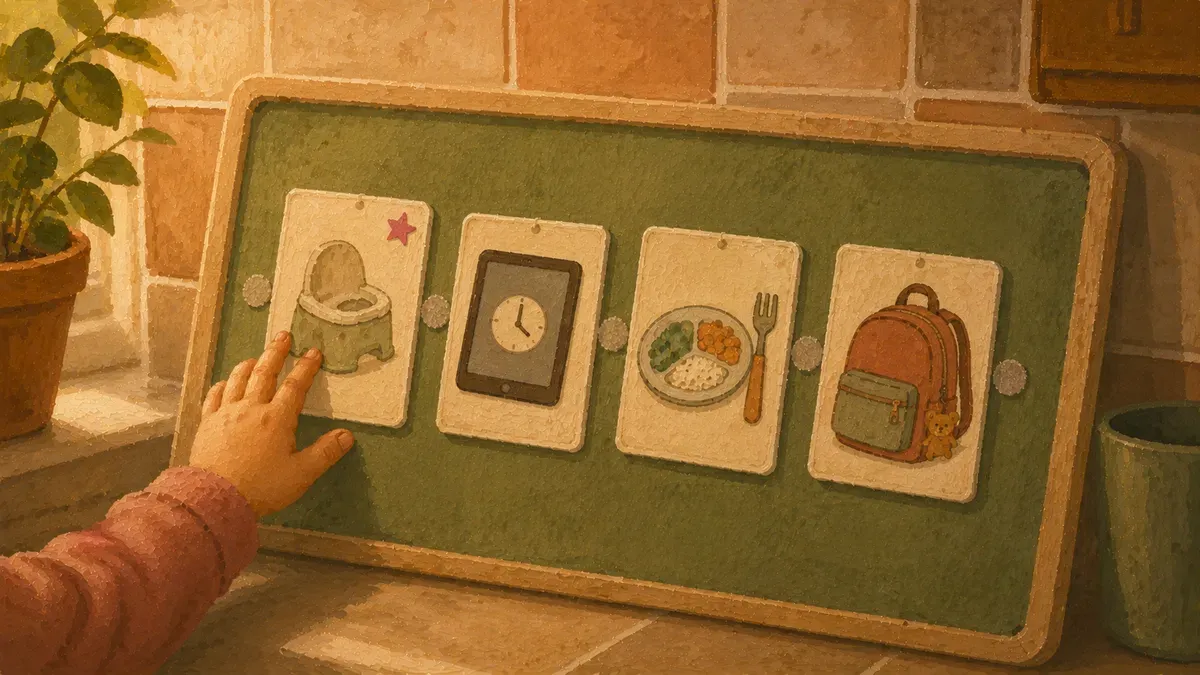Picture cards for potty time, screen time, and daycare drop-off on a routine board