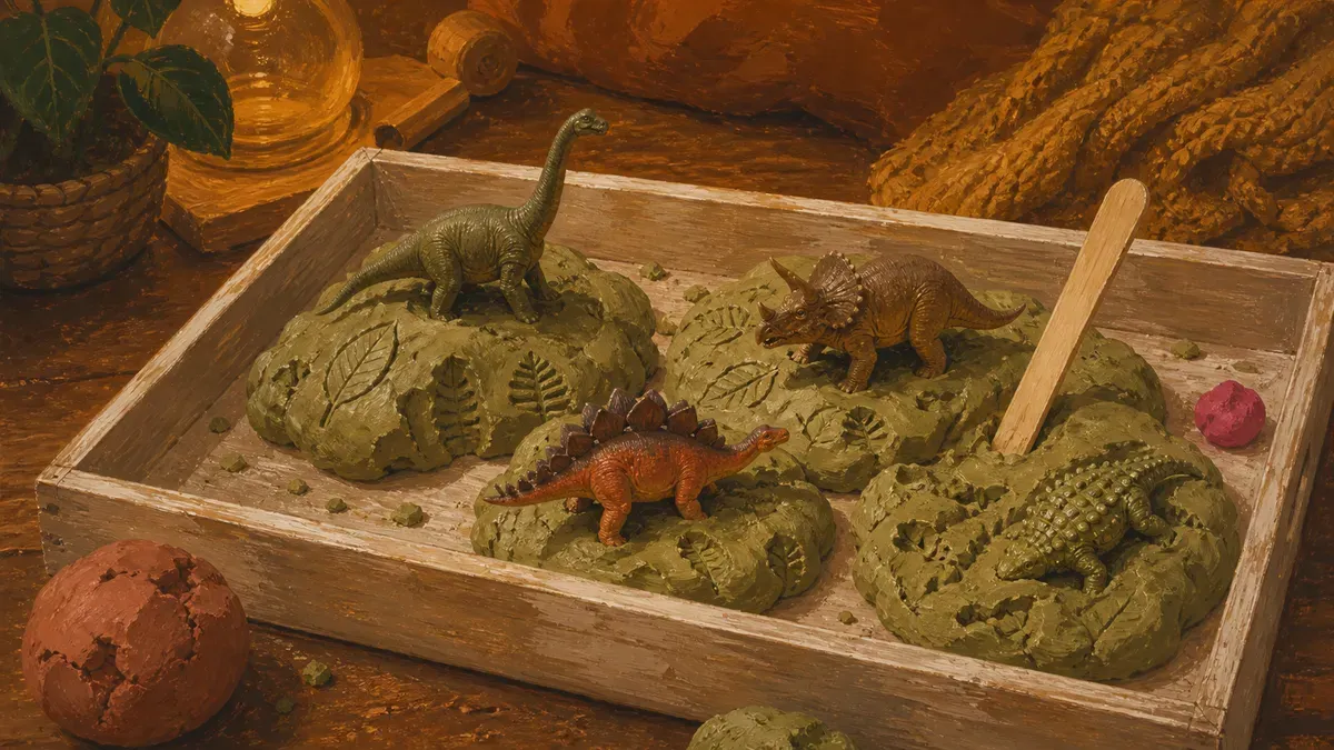 Playdough dinosaur tray with small toy dinosaurs, green playdough, and leaf impressions on a wooden board