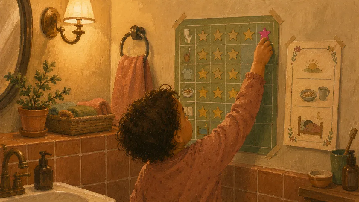 Potty training sticker chart on a wall with a daily potty schedule beside it