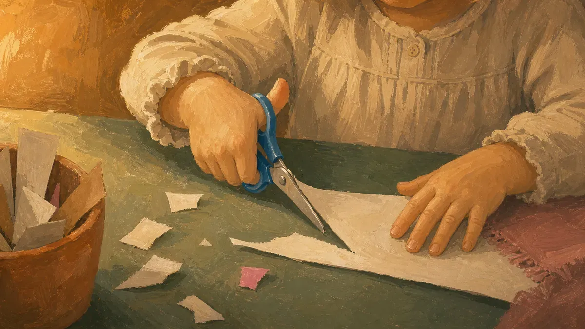 Preschooler holding scissors with thumbs up while cutting a worksheet