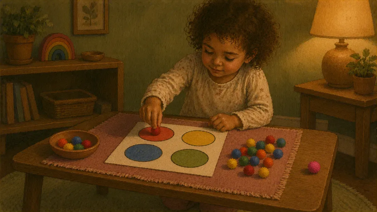 Preschooler matching colored pom-poms to a sorting mat during a color activity