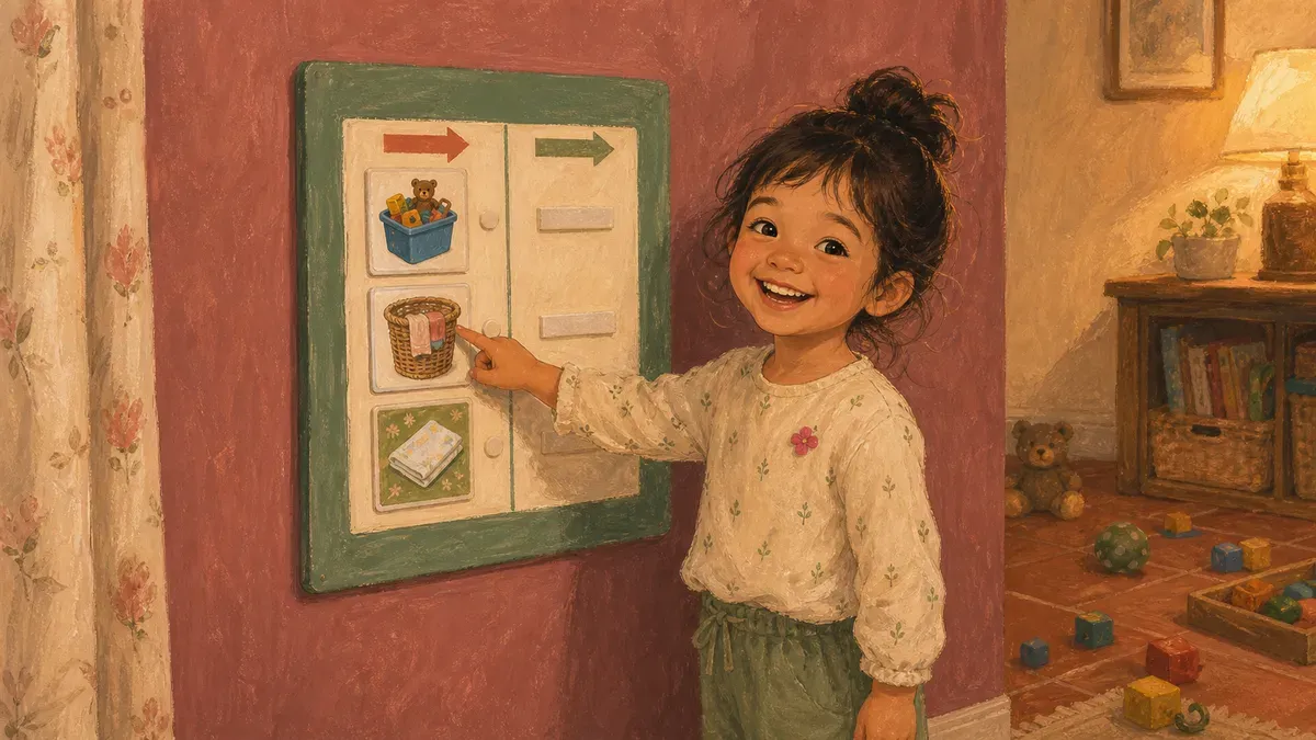 Preschooler pointing at a picture card on a visual chore chart, smiling